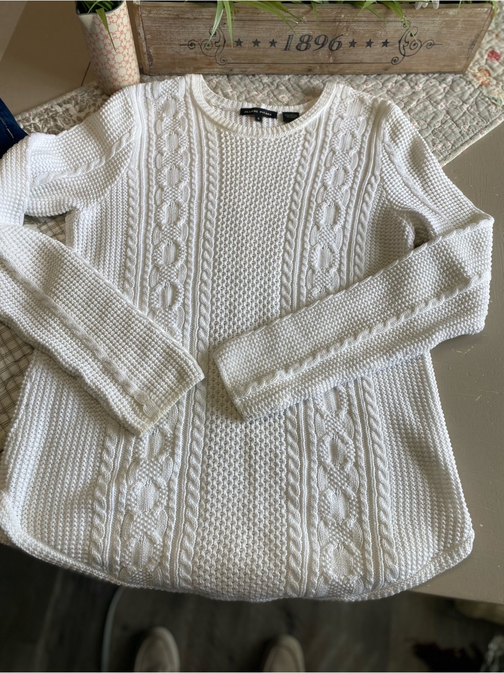 JEANNE PIERRE White Cable Knit Crew Sweater